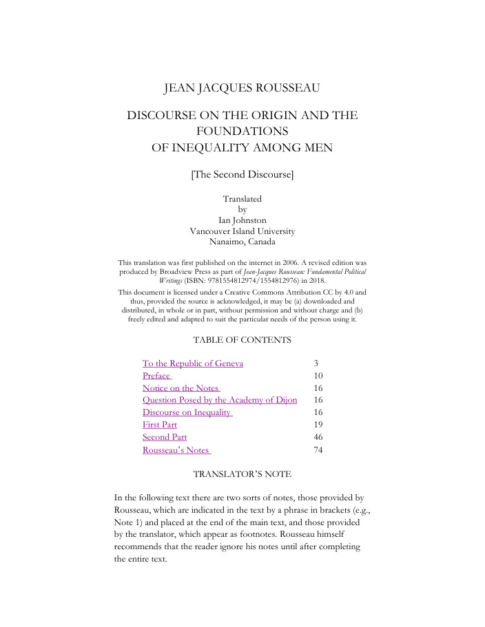 Cover of JEAN JACQUES ROUSSEAU DISCOURSE ON THE ORIGIN AND THE FOUNDATIONS OF INEQUALITY AMONG MEN