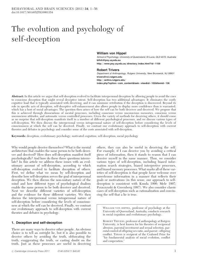 Cover of The evolution and psychology of self-deception
